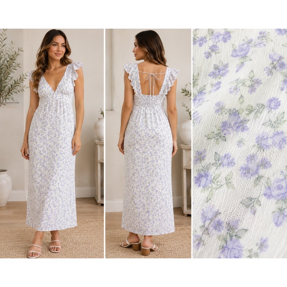 Prairie Floral Maxi Dress White Purple Ruffle Cottagecore Babydoll Y2K M 8-10